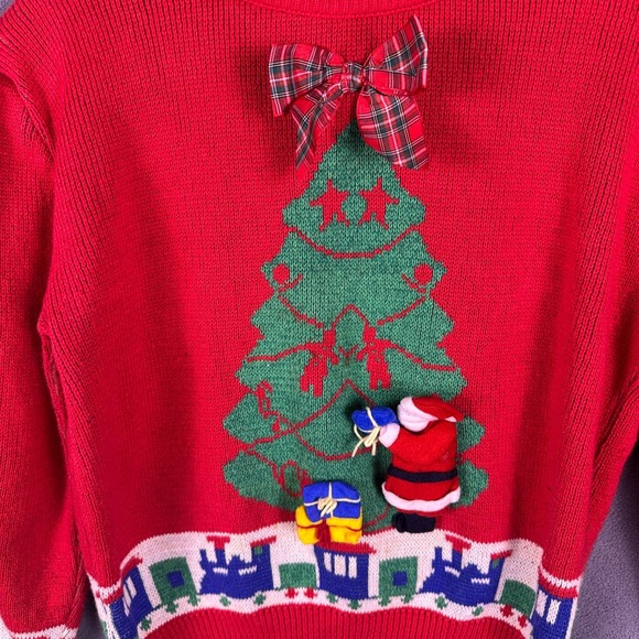 Touchy Subject Christmas Sweater Size S Vintage Train 3D Santa Holiday USA Made - Picture 2 of 11